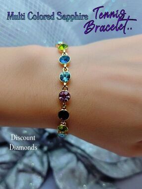 Multi Colored Sapphire Tennis Bracelet 18K Gold Plating 925